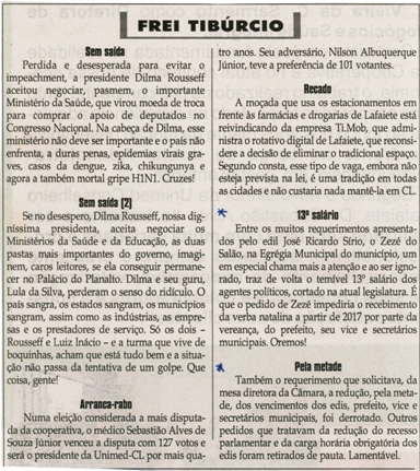 13º salário; Pela metade. Jornal Correio da Cidade, Conselheiro Lafaiete, 09 a 15 abr., 1312ª ed., Caderno Opinião Frei Tibúrcio,  p. 8.