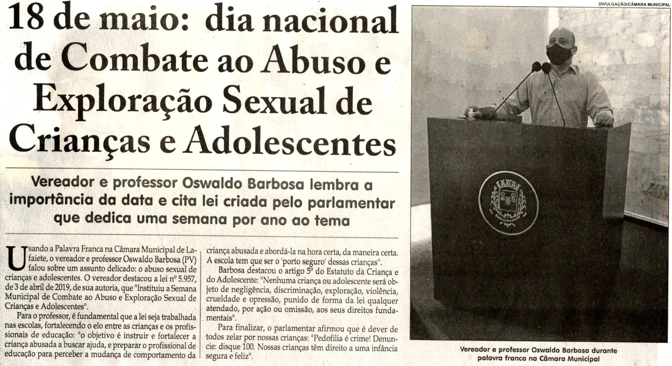 18 de maio: dia nacional de Combate ao Abuso e Exploração Sexual de Crianças e Adolescentes. Jornal Correio da Cidade, Conselheiro Lafaiete, 22 mai. 2021, 1577ª ed., Caderno Política, p. 04.