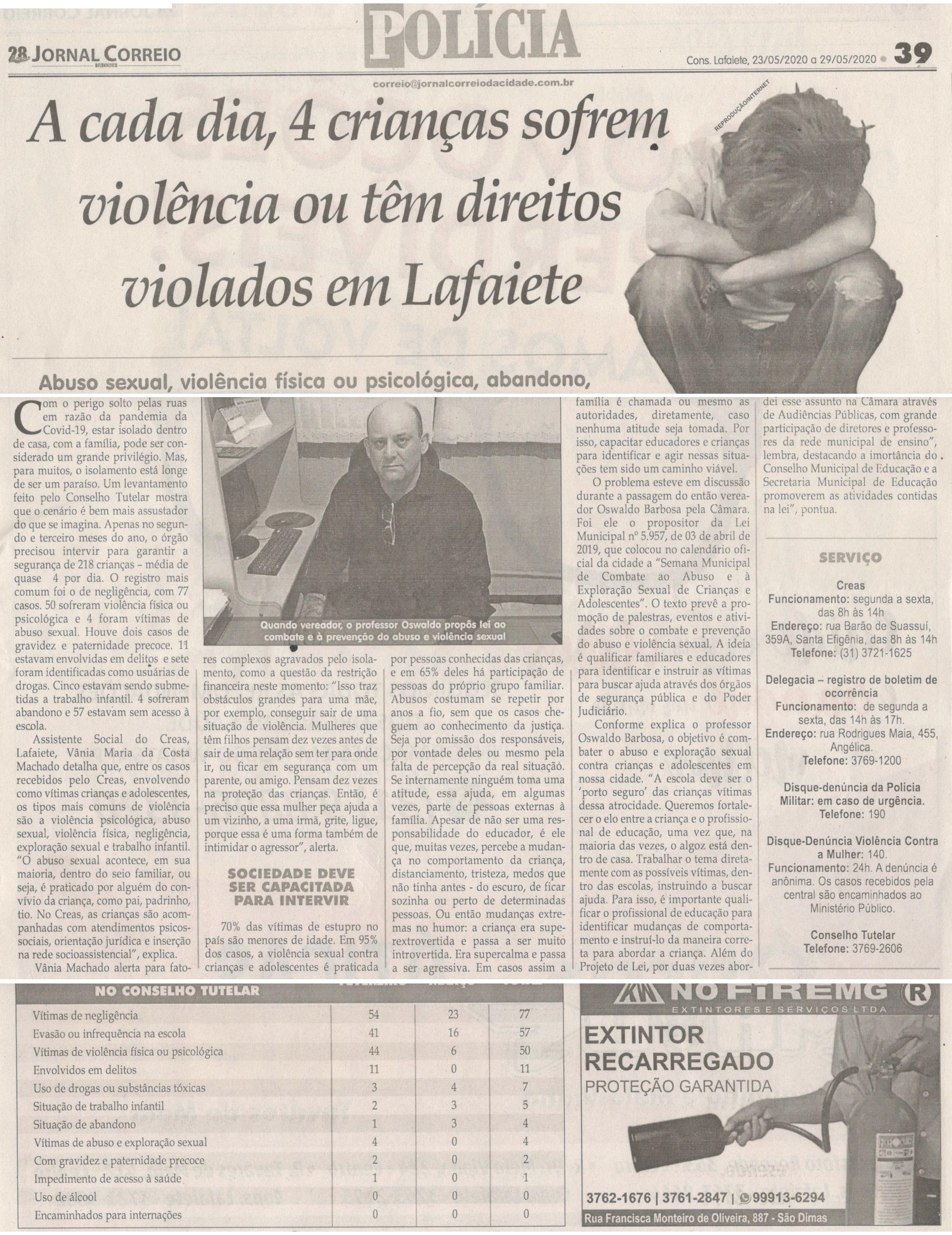 A CADA dia, 4 crianças sofrem violência ou tem direitos violados em Lafaiete. Jornal Correio da Cidade, Conselheiro Lafaiete, 23 a 29 mai. 2020 , 1526ª ed. , Caderno Polícia, p. 39.