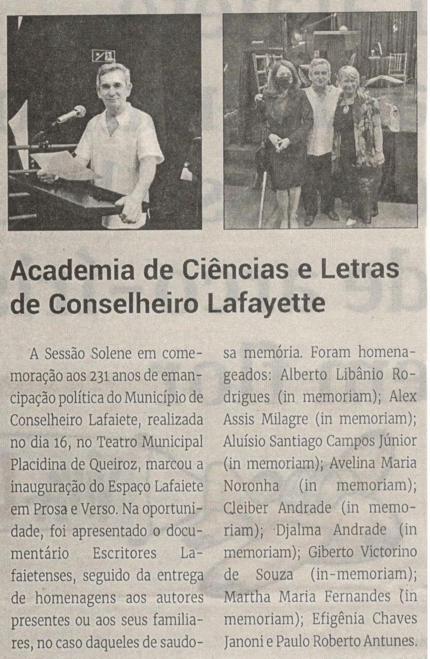 Academia de Ciências e Letras de Conselheiro Lafayette. Jornal Correio, Conselheiro Lafaiete, 25 Setembro 2021, 1595ª ed., Caderno Cultura, p. 02.