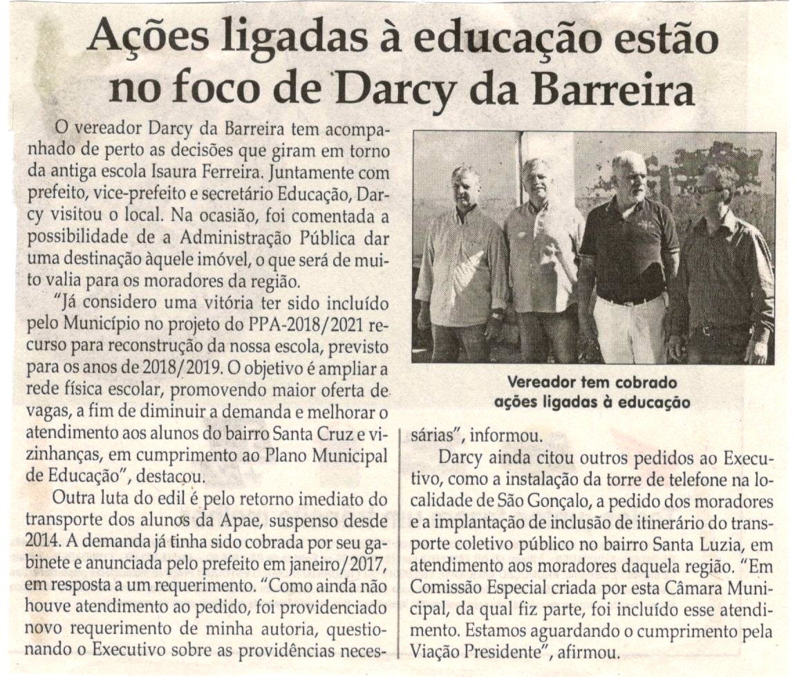 Ações ligadas à educação estão no foco de Darcy da Barreira. Jornal Correio da Cidade, Conselheiro Lafaiete, 02 dez. 2017 a 08 dez. 2017, 1398ª ed., Caderno Política, p 04.