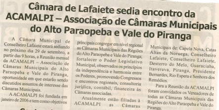Câmara de Lafaiete sedia encontro da ACAMALPI - Associação de Câmaras Municipais. Jornal Nova Gazeta , 22 set. 2007, 480ª ed., p.15