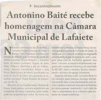 Antônio Baité recebe homenagem na Câmara Municipal de Lafaiete. Jornal Correio da Cidade, Conselheiro Lafaiete, 24 a 30 de abril de 2021, 1573ª ed., Caderno Política, 2021, p. 13.