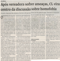 Após vereadora sofrer ameaças, CL vira centro da discussão sobre homofobia. Jornal Correio, Conselheiro Lafaiete, 24 julho. 2021, 1586ª ed., Caderno polícia, p. 39.