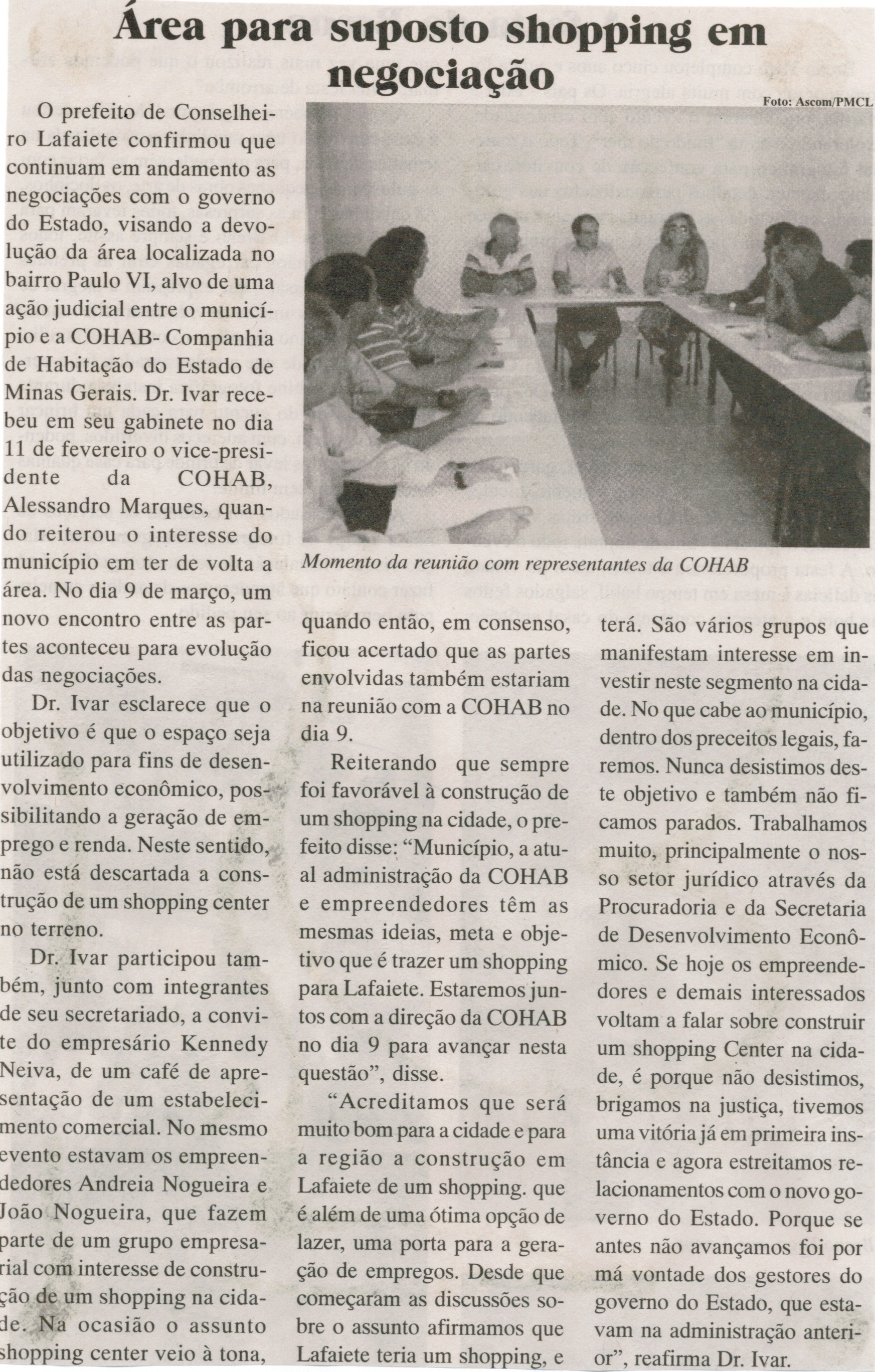 Área para suposto shopping em negociação. Jornal Baruc, Congonhas, 15 mar. 2015, p. 06.