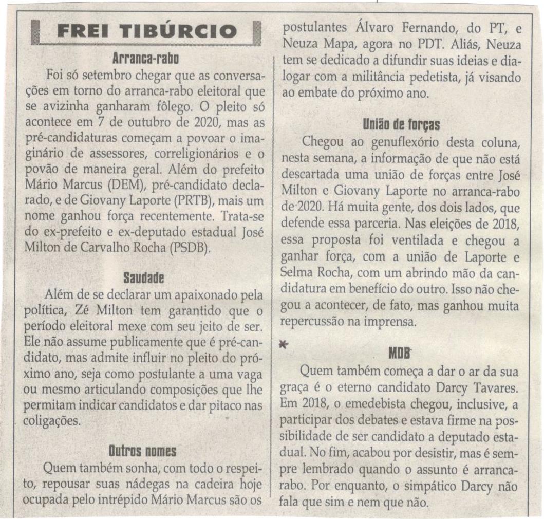 Arranca-rabo. Jornal Correio da Cidade, 07 Set a 13 Set. 2019, 1490ª ed., Caderno Opinião, Frei Tibúrcio, p. 8.