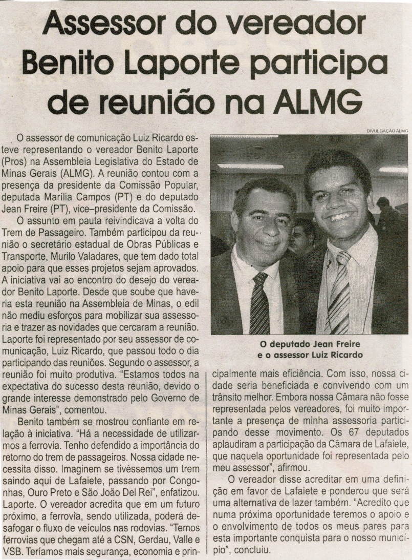 Assessor do vereador Benito Laporte participa de reunião na ALMG, Jornal Correio da Cidade, Conselheiro Lafaiete, 07 a 13 nov. 2015, 1290ª ed. Política, p. 4