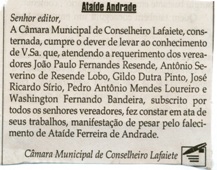 Ataíde Andrade [ Nota de falecimento] - Nota de falecimento. Jornal Correio da Cidade, Conselheiro Lafaiete, 10 a 16 set. 2016, 1334ª ed. Caderno Opinião, p. 9.