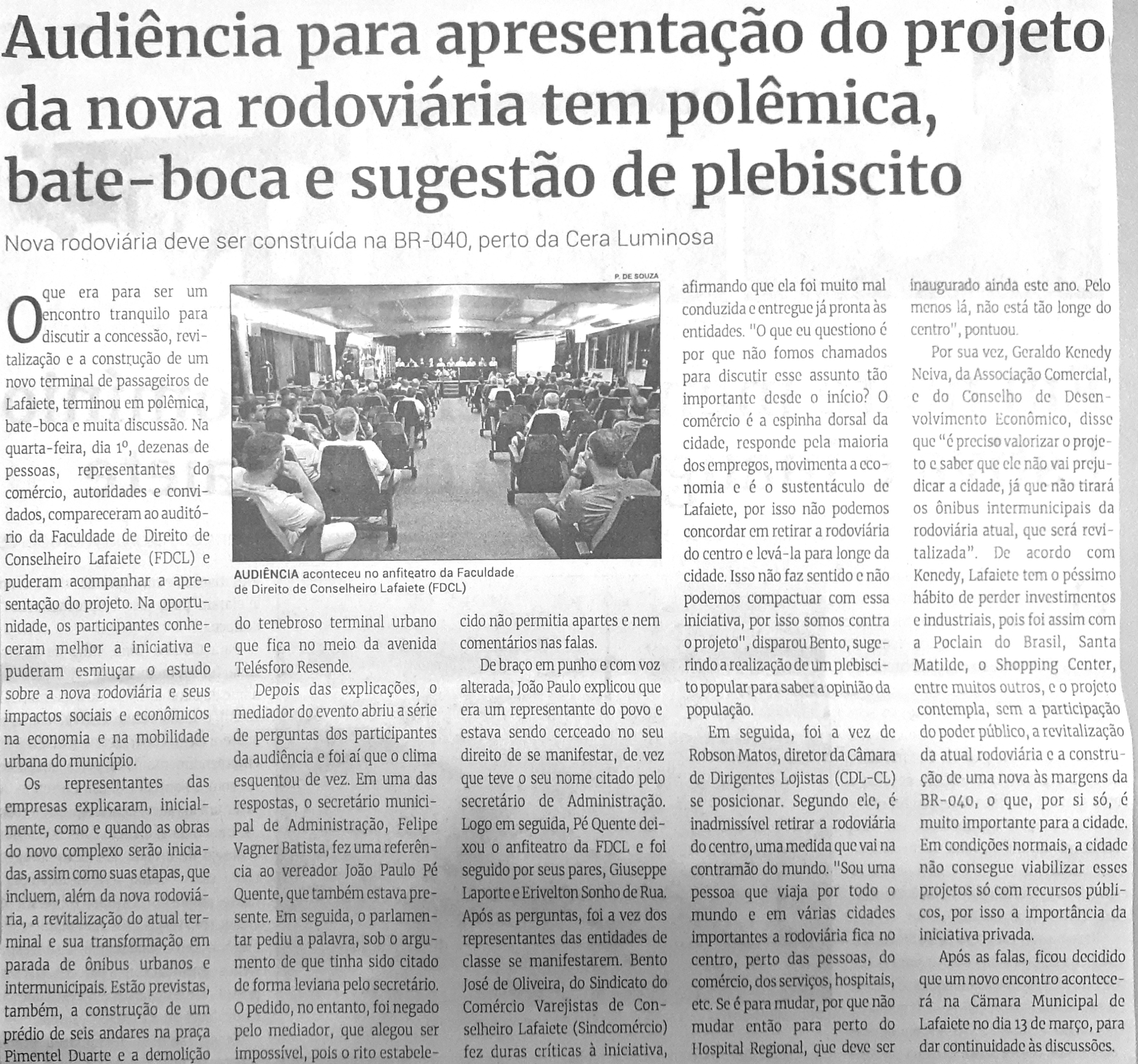 Audiência para apresentação do projeto da nova rodoviária tem polêmica, bate-boca e sugestão de plebiscito. Jornal Correio da Cidade, Conselheiro Lafaiete, de 04 a 10 de mar. de 2023, 1669ª ed. Caderno Especial, p. B2.
