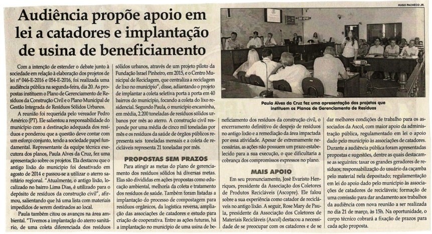 Audiência propõe apoio em lei a catadores e implantação de usina de beneficiamento. Jornal Correio da Cidade, Conselheiro Lafaiete, 25 fev. 2017 a 03 mar. 2017, 1358ª ed.,Caderno Política, p. 4.