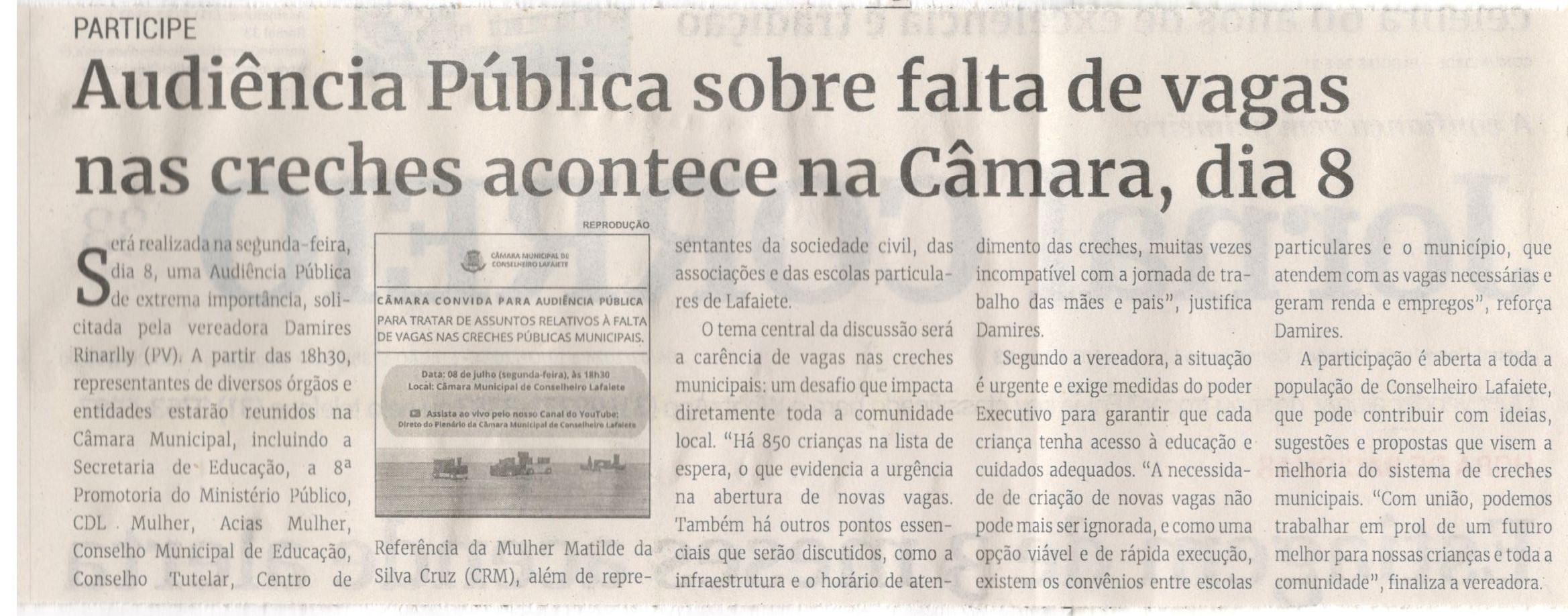 Audiência Pública sobre falta de vagas nas creches acontece na Câmara, dia 8. Jornal Correio da Cidade, Conselheiro Lafaiete, 06 a 12 de jul. 2024, 1738ª ed., Política, p. 2.