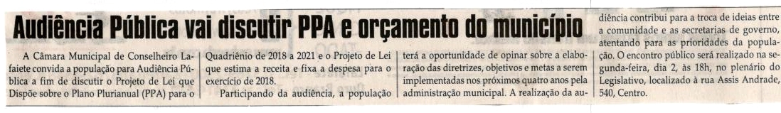 Audiência Pública vai discutir PPA e orçamento do município. Jornal Correio da Cidade, Conselheiro Lafaiete, 30 set. 2017 a 06 out. 2017, 1389ª ed.