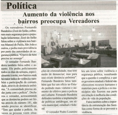 Aumento de violência nos bairros preocupa Vereadores. Expressão Regional, Conselheiro Lafaiete, 18 a 24 jun. 2016,  435 X, Caderno Política, p. 3.