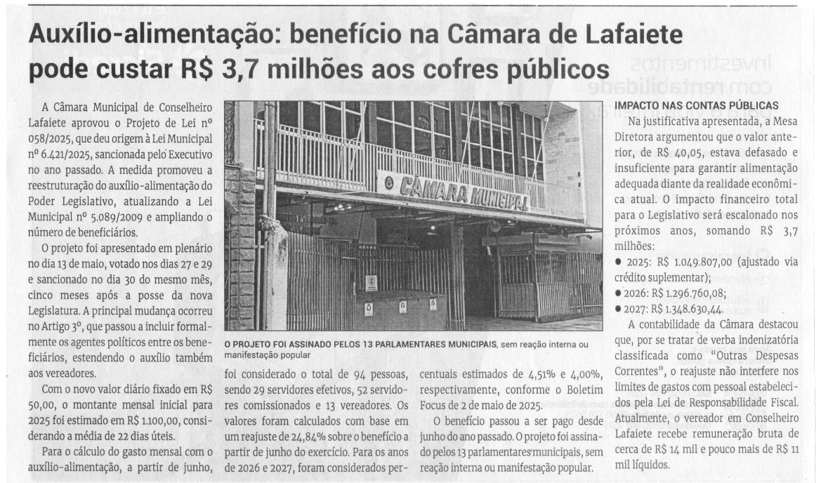 Auxílio-alimentação: benefício na Câmara de Lafaiete pode custar R$ 3,7 milhões aos cofres públicos. Jornal Correio da Cidade, Conselheiro Lafaiete, 11 a 17 abr. 2026, 1822ª ed., Política, p. 4.