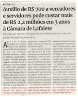 Auxílio de R$ 700 a vereadores e servidores pode custar mais de R$ 2,2 milhões em 3 anos à Câmara de Lafaiete. Jornal Correio da Cidade, Conselheiro Lafaiete, 19 a 25 jul. 2025, 1789ª ed., Política, p. 4.