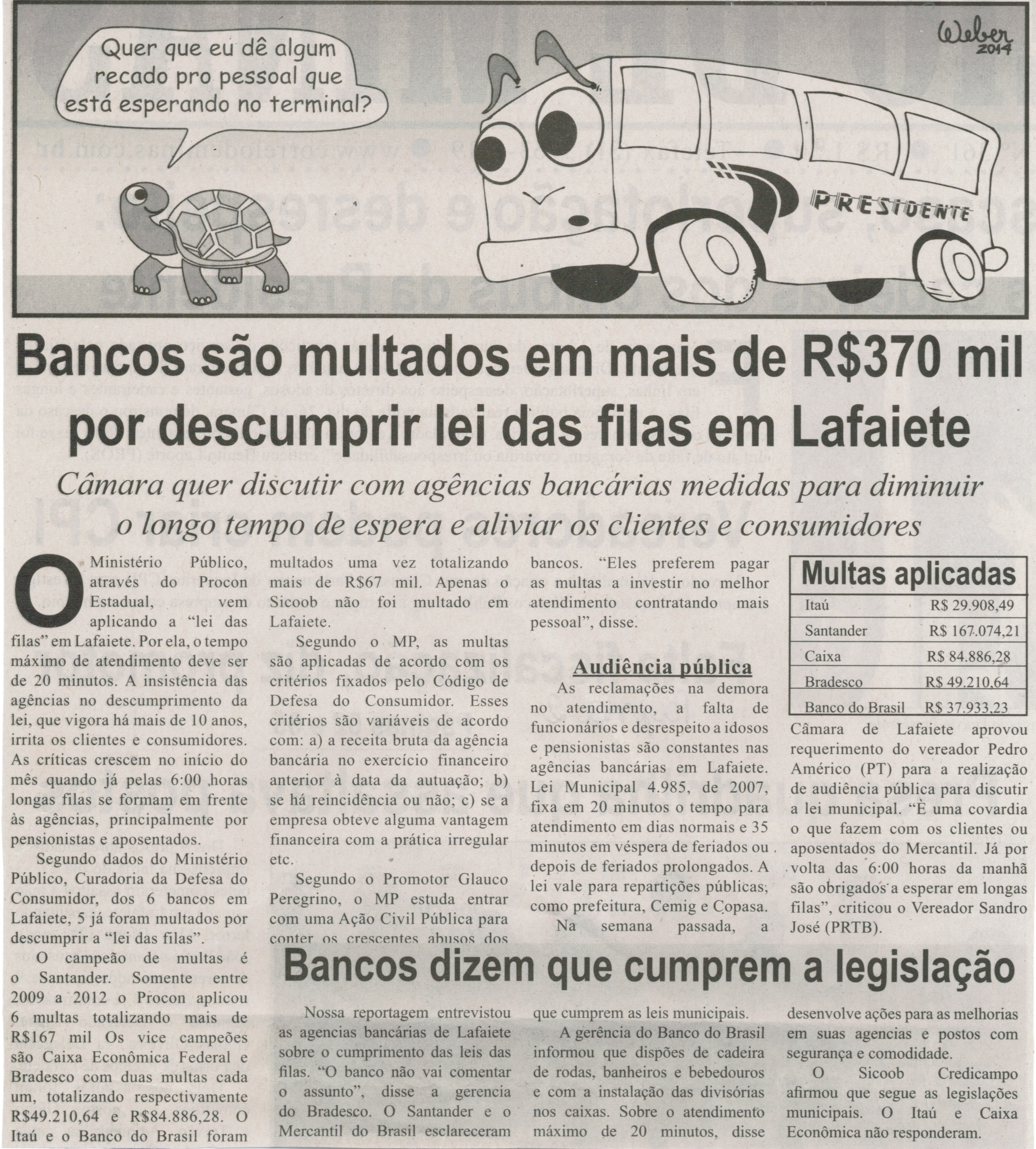 Bancos são multados em mais de R$ 370 mil por descumprir leis das filas em Lafaiete: Câmara que discutir com agências bancárias medidas para diminuir o longo tempo e aliviar os clien... . Correio de Minas, Conselheiro Lafaiete, 31 mai. 2014, p. 2..