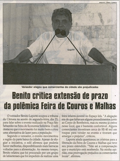 Benito critica extensão de prazo da polêmica Feira de Couros e malhas. Jornal Correio da Cidade, Conselheiro Lafaiete, 28 maio a 03 jun. 2016, 1319ª ed., Caderno Política , p. 4.