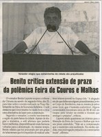 Benito critica extensão de prazo da polêmica Feira de Couros e malhas. Jornal Correio da Cidade, Conselheiro Lafaiete, 28 maio a 03 jun. 2016, 1319ª ed., Caderno Política , p. 4.