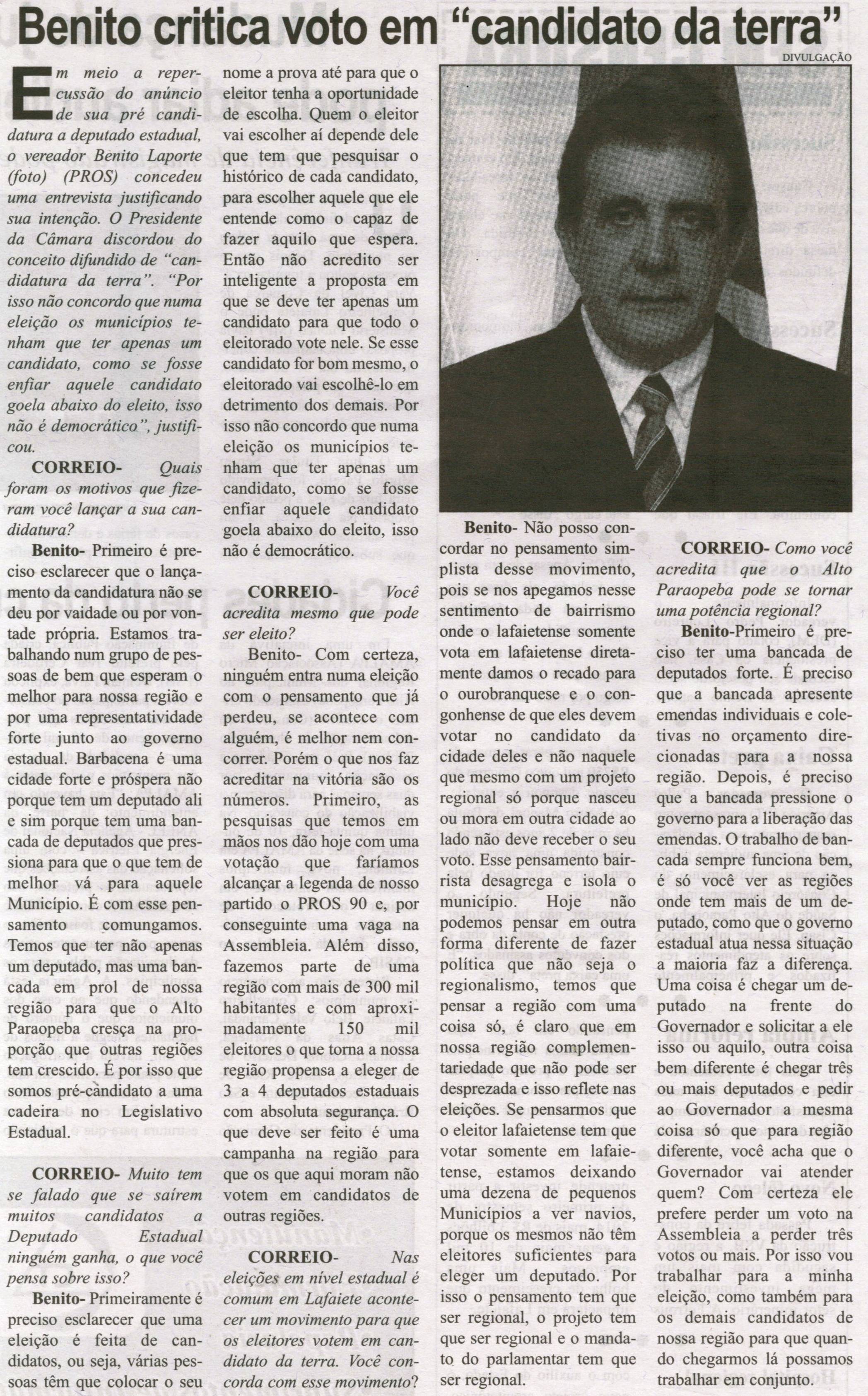 Benito critica voto em "candidato da terra". Correio de Minas, Conselheiro Lafaiete, 19 out. 2013, p. 04.