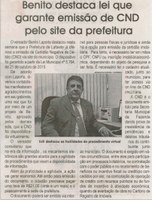  Benito destaca lei que garante emissão de CND pelo site da prefeitura. Jornal Correio da Cidade, Conselheiro Lafaiete, 20 a 26 de fev. 2016, 1305ª ed., Caderno Política, p. 4.