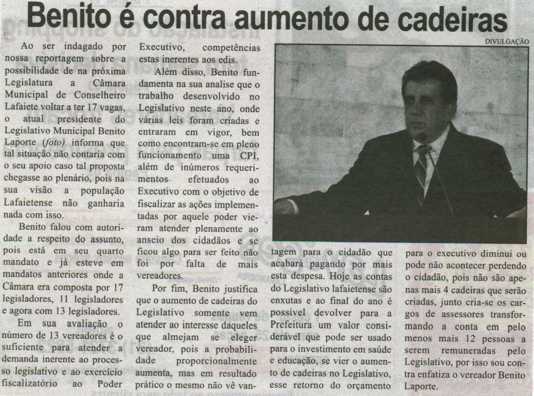 Benito é contra aumento de cadeiras. Correio de Minas, Conselheiro Lafaiete, 30 nov. 2013, p. 2.