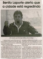 Benito Laporte alerta que a cidade está regredindo. Jornal Correio da Cidade, Conselheiro Lafaiete, 11 a 17 jun. 2016, 1321ª ed. CP. p. 4.