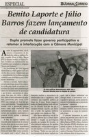 Benito Laporte e Júlio Barros fazem lançamento de candidatura. Jornal Correio da Cidade, Conselheiro Lafaiete, 13 a 19 ago. 2016, 1330ª ed., Caderno Especial, p. 6.