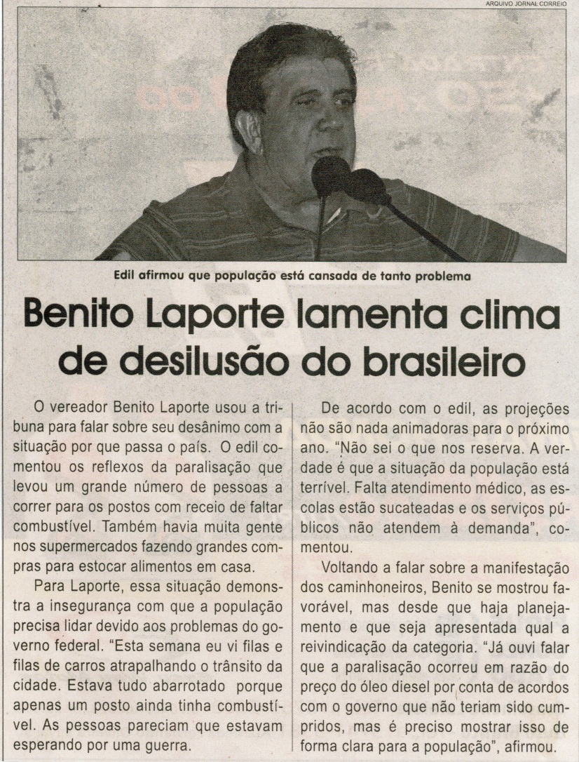 Benito Laporte lamenta clima de desilusão do brasileiro. Jornal Correio da Cidade, Conselheiro Lafaiete, 14 a 20 nov. 2015, 1291ª ed., Caderno Política, p. 4.