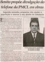 Benito propõe divulgação do telefone da PMCL em obras: segundo vereador, propostas irão ajudar a população a exercer o direito de cidadania. Jornal Correio da Cidade,  Conselheiro Lafaiete, 24 ago. 2013 a 30 ago. 2013, p. 04.