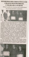 Bombeiros recebem título de cidadão honorário da Câmara de Lafaiete. Jornal Gazeta, Conselheiro Lafaiete, 26 set. 2015. 8558ª ed., ano XVIII, Gerais, p. 06