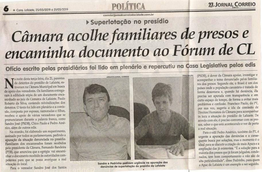 Câmara acolhe familiares de presos e encaminha documento ao Fórum de CL. Jornal Correio da Cidade, 25 mai. 2019 a 31 mai. 2019. 1475ª ed., Caderno Política, p. 6.