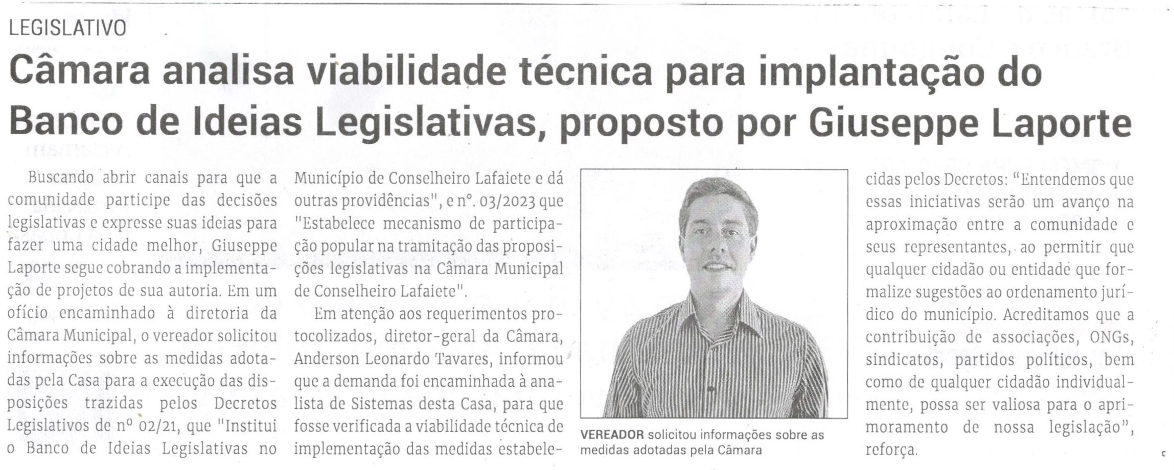 Câmara analisa viabilidade técnica para implantação do Banco de Ideias Legislativas, proposto por Giuseppe Laporte. Jornal Correio da Cidade, Conselheiro Lafaiete, 15 a 21 de jun. 2024, 1735ª ed., Política, p. 2.