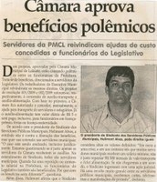 Câmara aprova benefícios polêmicos: servidores da PMCL reividicam ajudas de custo concedidas a funcionários do Legislativo. Jornal Correio da Cidade, Conselheiro Lafaiete, 14 mar. 2009, p. 05.