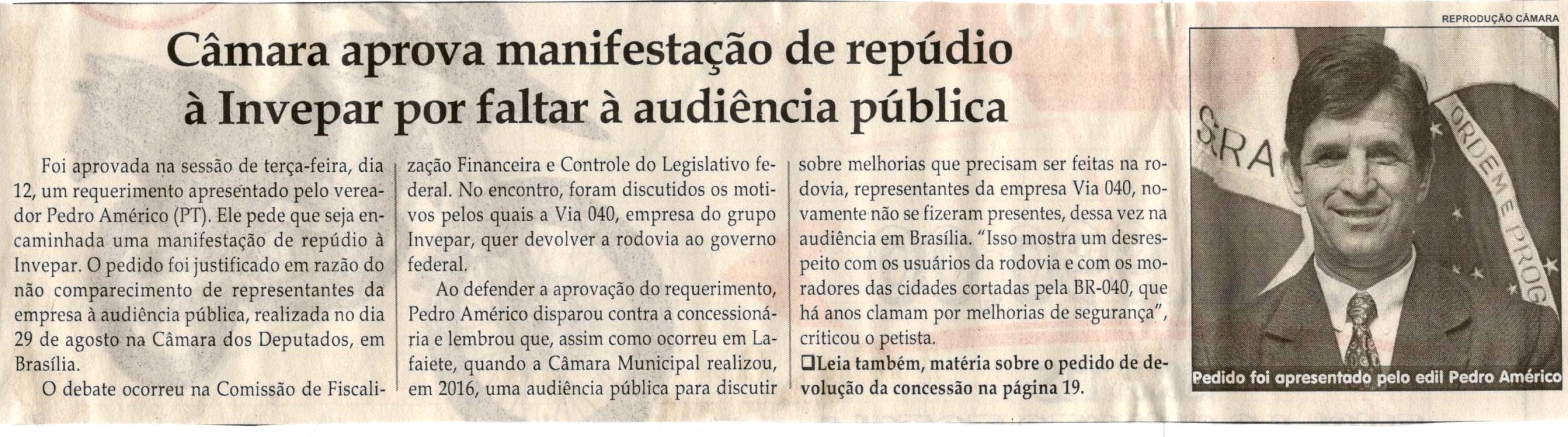 Câmara aprova manifestação de repúdio à Invepar por faltar à audiência pública. Jornal Correio da Cidade, Conselheiro Lafaiete, 16 set. 2017 a 22 set. 2017, 1387ª ed., Caderno Política, p 4.