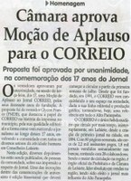 Câmara aprova Moção de Aplauso para o Correio: proposta foi aprovada por unanimidade na comemoração dos 17 anos do Jornal. Jornal Correio da Cidade, Conselheiro Lafaiete, 21 jun. 2008, p. 6.