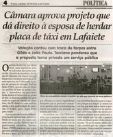 Câmara aprova projeto que dá direito à esposa de herdar placa de taxi em Lafaiete. Jornal Correio da Cidade, Conselheiro Lafaiete, 29 out. a 04 nov. 20, Caderno Política, p. 4