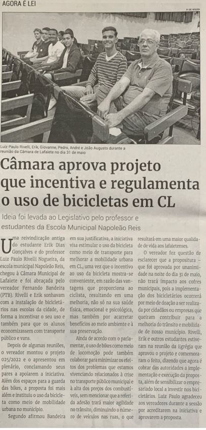 Câmara aprova projeto que incentiva e regulamenta o uso de bicicletas em CL. Jornal Correio da Cidade, Conselheiro Lafaiete, 04 de jun. de 2022, 1630ª ed., Caderno Política, p. 4.