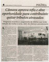 Câmara aprova refis e abre oportunidade para contribuinte quitar tributos atrasados. Jornal Correio da Cidade, Conselheiro Lafaiete, 07 nov. 2015 a 13 nov. 2015, 1290ª ed. Política, p. 4.