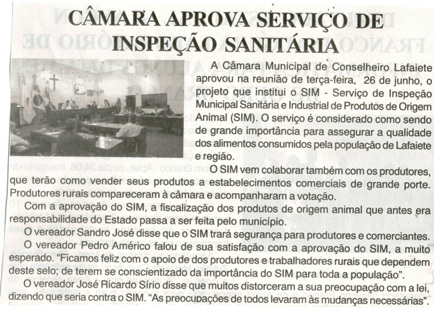 Câmara aprova serviço de inspeção sanitária. Jornal Gazeta, Conselheiro Lafaiete, 02 jul. 2016, 882ª ed., Caderno Gerais, p. 03.