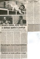 Câmara cassa Júlio Barros e defesa apela à justiça  em clima tenso, sessão que afastou o prefeito foi cercada de guerra jurídica nos bastidores: Câmara alega ética na ... . Correio de Minas , Conselheiro Lafaiete, 07 jun. 2008, 187ª ed., p.02. 