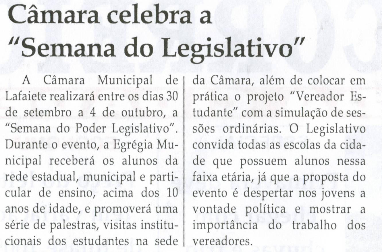 Câmara celebra a "Semana do Legislativo". Jornal Correio da Cidade, Conselheiro Lafaiete, 21 set. 2013, p. 02.