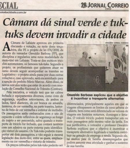 Câmara dá sinal verde e tuk-tuks devem invadir a cidade. Jornal Correio da Cidade, 23 mar. 2019 a 29 mar. 2019. 1466ª ed., Caderno Especial, p. C4.