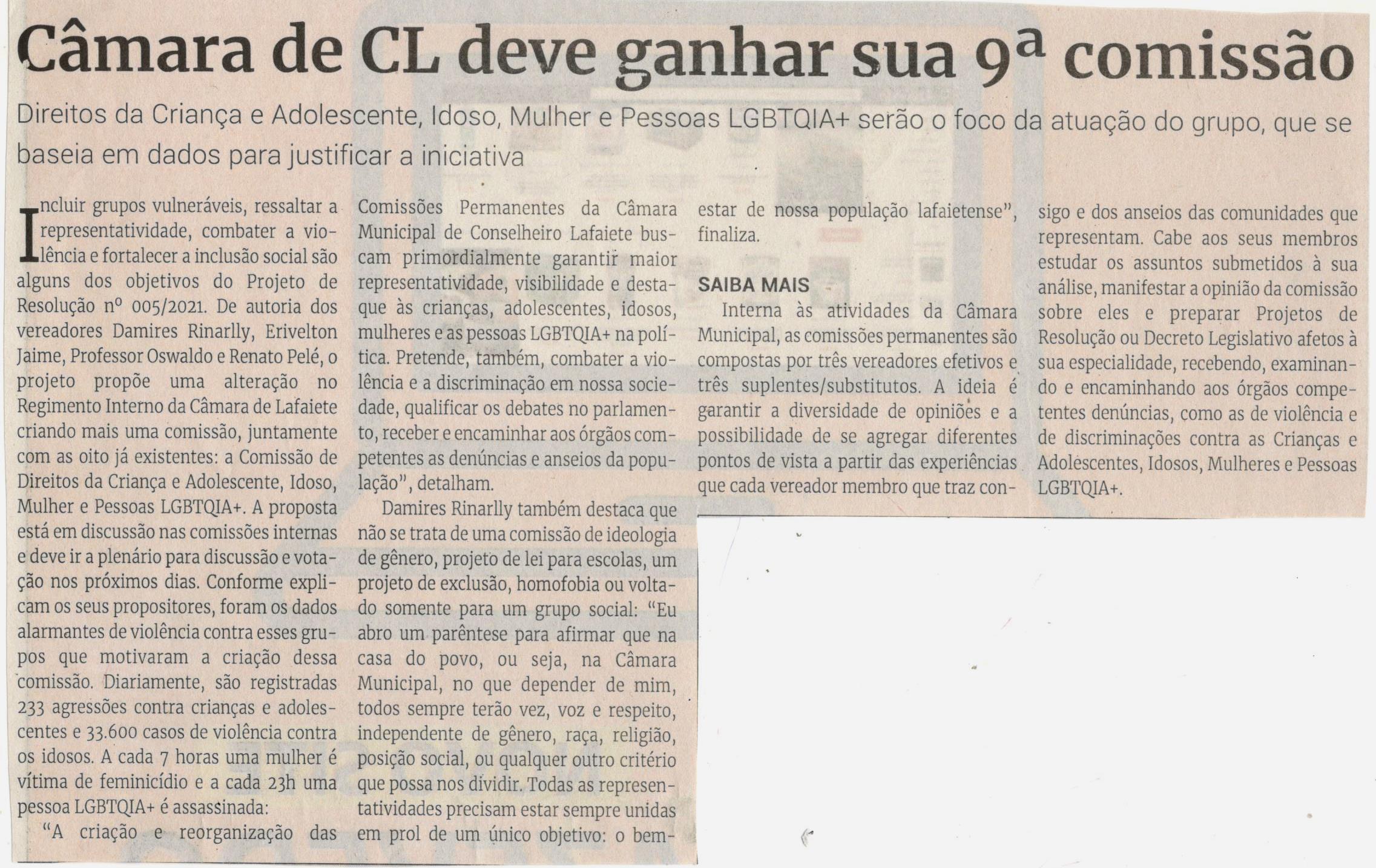 Câmara de CL deve ganhar sua 9º comissão. Jornal Correio, Conselheiro Lafaiete, 18 Setembro 2021, 1594ª ed., Caderno Política, p. 06.
