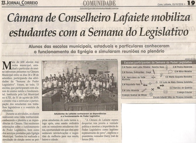 Câmara de Conselheiro Lafaiete mobiliza estudantes com a Semana do Legislativo. Jornal Correio da Cidade, 05 out. 2018. 1442ª ed., Caderno Comunidade, p. 19.