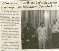 Câmara de Conselheiro Lafaiete presta homenagem ao Radialista Geraldo Lucas. Jornal Nova Gazeta, Conselheiro Lafaiete, 14 jul. 2007, 470ª ed., p. 05.