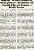 Câmara de Conselheiro Lafaiete vota Projeto que institui o Sistema Municipal Integrado de Inserção de Jovens no Primeiro Emprego. Jornal O Dossiê, Conselheiro Lafaiete,19 mai. 2007, 155ª ed., p. 04.
