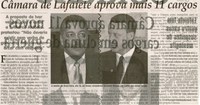 Câmara de Lafaiete aprova mais 11 cargos: a proposta de Ivar venceu, por 6 votos a 5; Marco Antônio protestou: "Não deveria existir nem verba de gabinete; edis deveriam arcar com ...  . Jornal Correio da Cidade, Conselheiro Lafaiete, 14 nov. 2009, p. 02.