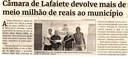 Câmara de Lafaiete devolve mais de meio milhão de reais ao município. Jornal Correio da Cidade, Conselheiro Lafaiete de 31 de dez. de 2022 a 06 de jan. de 2023, 1660ª ed. Caderno Comunidade, p.4. Câmara de Lafaiete devolve mais de meio milhão de reais ao município. Jornal Correio da Cidade, Conselheiro Lafaiete de 31 de dez. de 2022 a 06 de jan. de 2023, 1660ª ed. Caderno Comunidade, p.4.