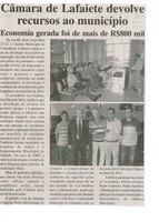 Câmara de Lafaiete devolve recursos ao município economia gerada foi de mais de R$800 mil. Jornal Expressão Regional, Conselheiro Lafaiete, 19 dez. 2014 a 26 dez. 2014, p.3.