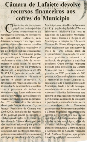 Câmara de Lafaiete devolve recursos financeiros aos cofres do Município. Jornal Nova Gazeta, Conselheiro Lafaiete, 06 jan. 2007, 445ª ed., p. 02